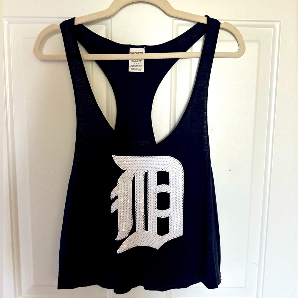 Pink Detroit Tiger sleeveless shirt. Navy blue with white Old English D!